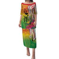 Vanuatu 45th Anniversary Puletasi Polynesian with Sand Drawing Pattern LT9 Long Dress Red - Polynesian Pride