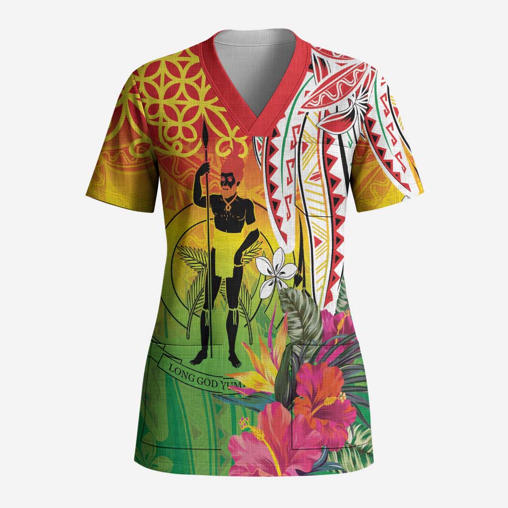 Vanuatu 45th Anniversary Scrub Top Polynesian with Sand Drawing Pattern LT9 Adult Red - Polynesian Pride