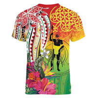 Vanuatu 45th Anniversary Women V-Neck T-Shirt Polynesian with Sand Drawing Pattern LT9 - Polynesian Pride