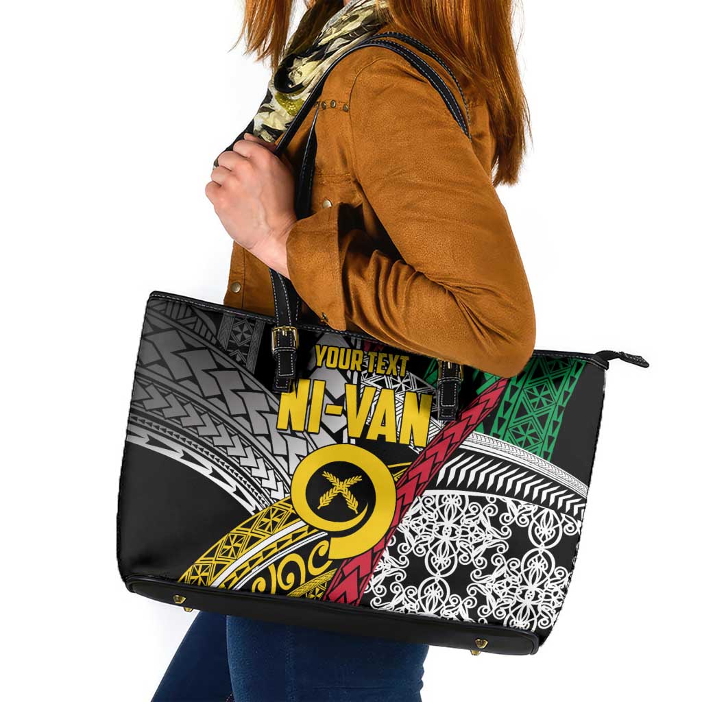Vanuatu Proud to be Ni-van Personalised Leather Tote Bag with Mutis En Atan Patterns LT9 Black - Polynesian Pride
