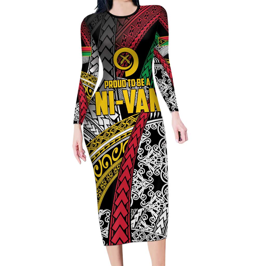 Vanuatu Proud to be Ni-van Personalised Long Sleeve Bodycon Dress with Mutis En Atan Patterns LT9 Long Dress Black - Polynesian Pride