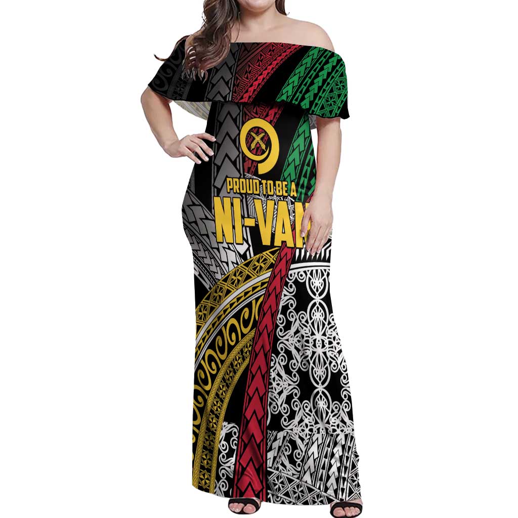 Vanuatu Proud to be Ni-van Personalised Off Shoulder Maxi Dress with Mutis En Atan Patterns LT9 Women Black - Polynesian Pride