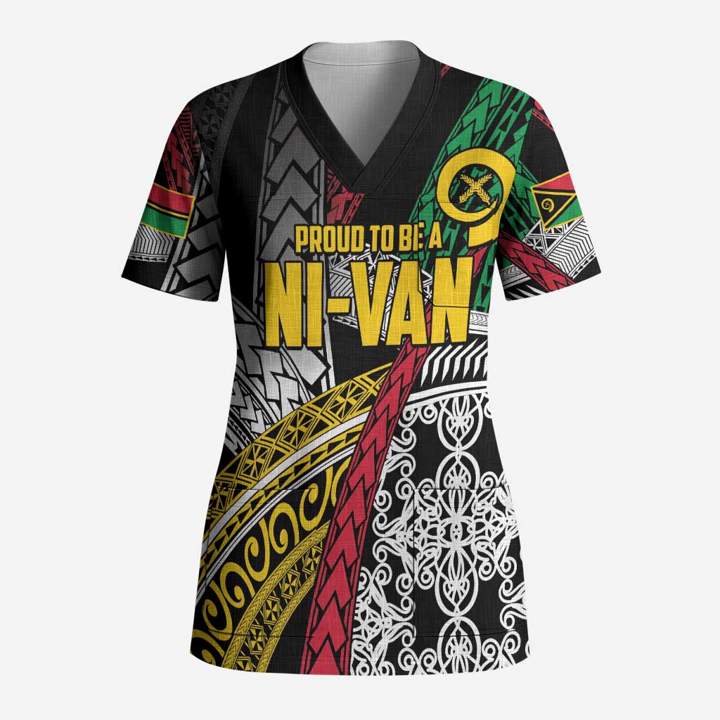 Vanuatu Proud to be Ni-van Personalised Scrub Top with Mutis En Atan Patterns LT9 Adult Black - Polynesian Pride