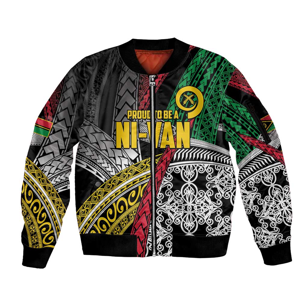 Vanuatu Proud to be Ni-van Personalised Sleeve Zip Bomber Jacket with Mutis En Atan Patterns LT9 Unisex Black - Polynesian Pride