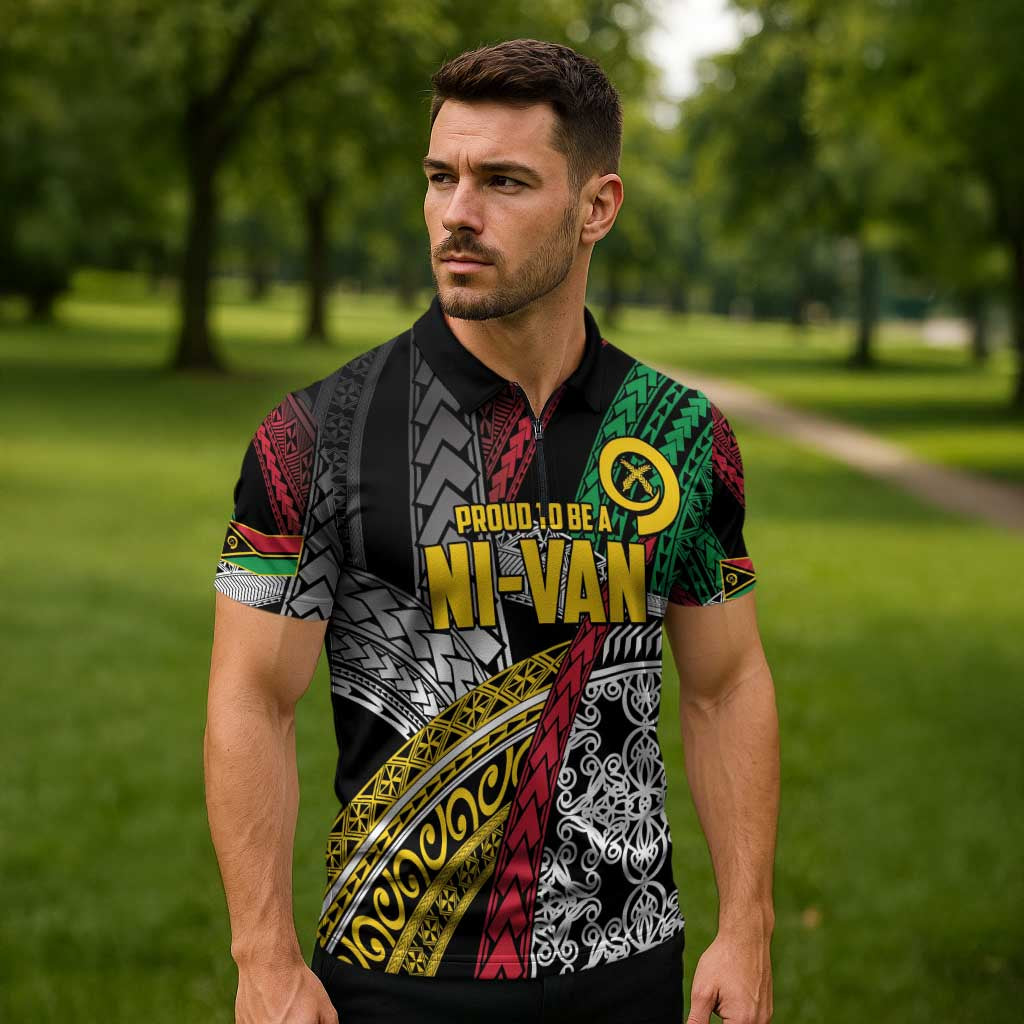 Vanuatu Proud to be Ni-van Personalised Zipper Polo Shirt with Mutis En Atan Patterns LT9 - Polynesian Pride