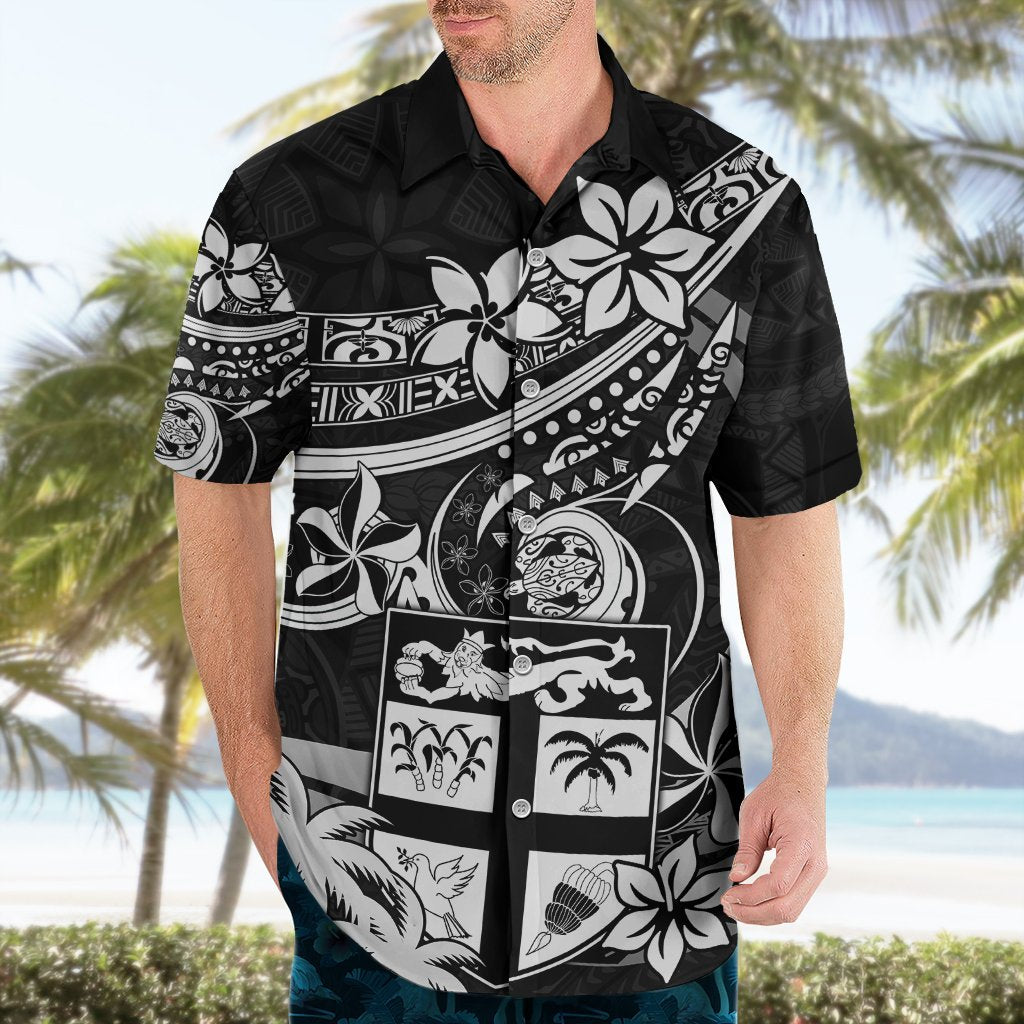 Fiji Islands Hawaiian Shirt Coat of Arms Fijian Flower Polynesian Pattern - Black LT9 - Polynesian Pride
