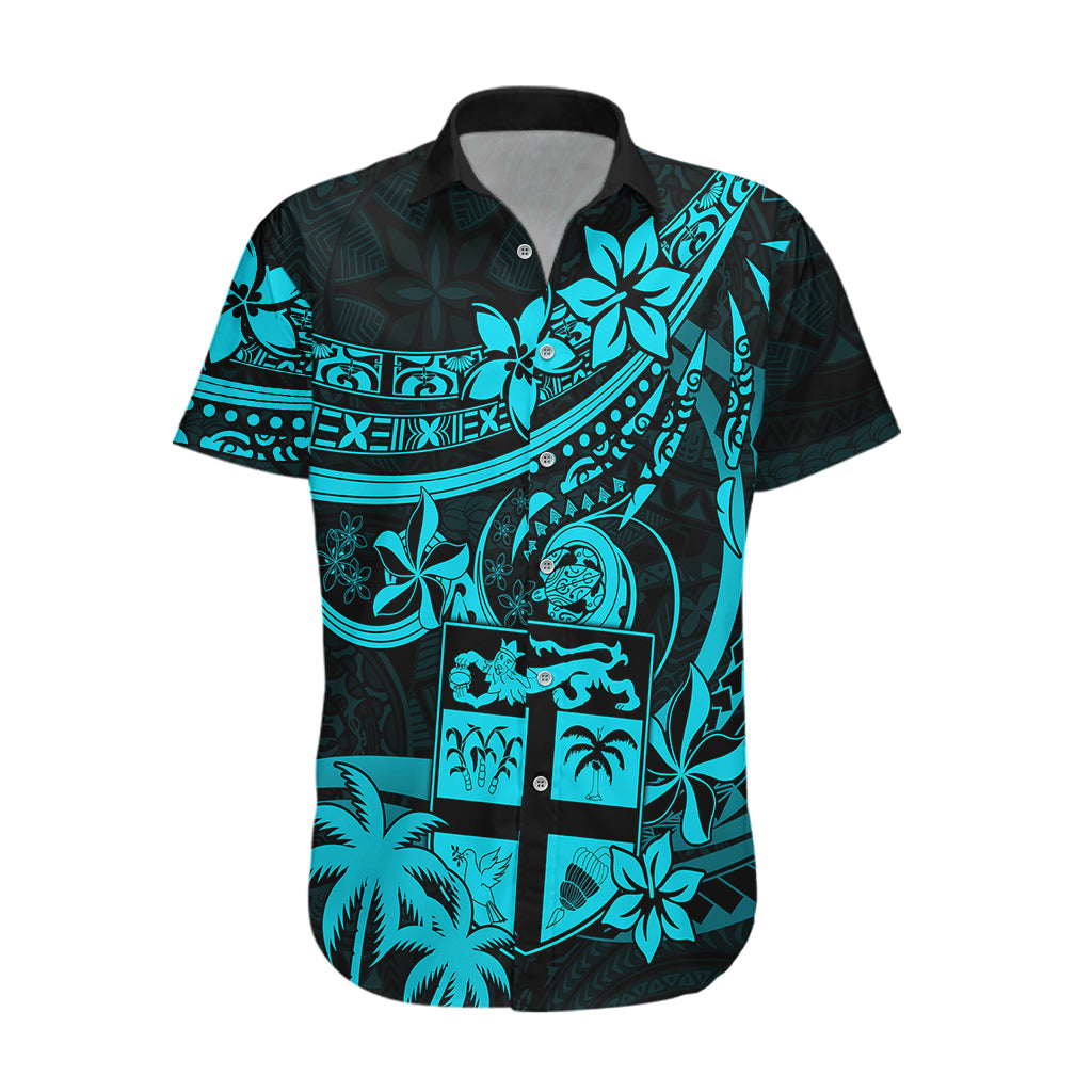 Fiji Islands Hawaiian Shirt Coat of Arms Fijian Flower Polynesian Pattern - Aqua LT9 Aqua - Polynesian Pride