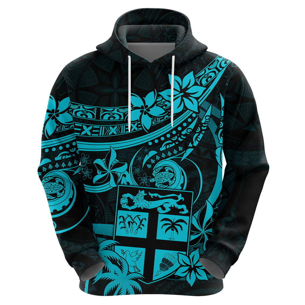 Fiji Islands Hoodie Coat of Arms Fijian Flower Polynesian Pattern Aqua LT9 - Polynesian Pride