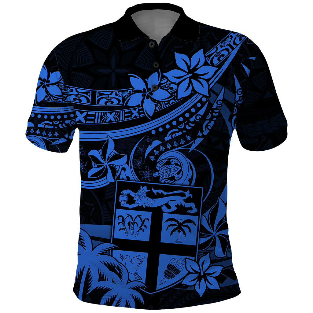 Fiji Islands Polo Shirt Coat of Arms Fijian Flower Polynesian Pattern Blue LT9 Blue - Polynesian Pride