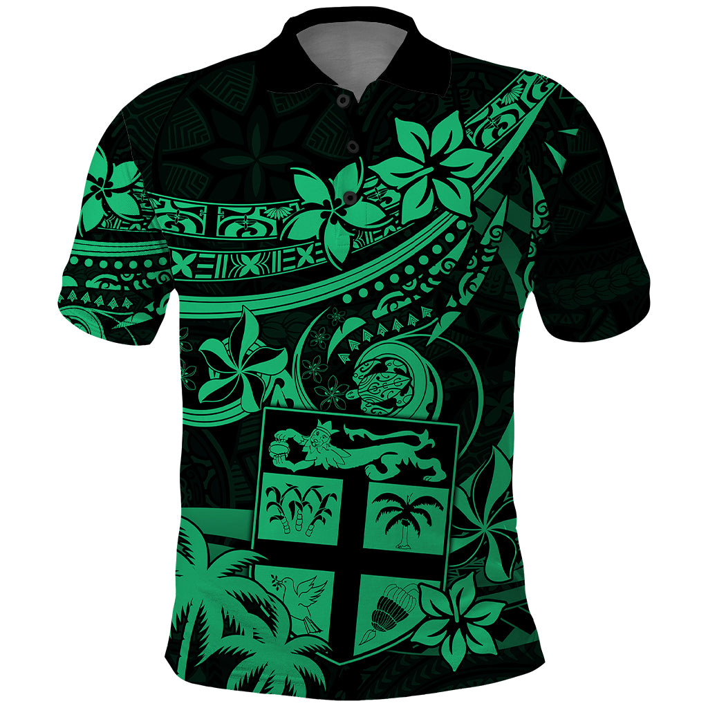 Fiji Islands Polo Shirt Coat of Arms Fijian Flower Polynesian Pattern Green LT9 Green - Polynesian Pride