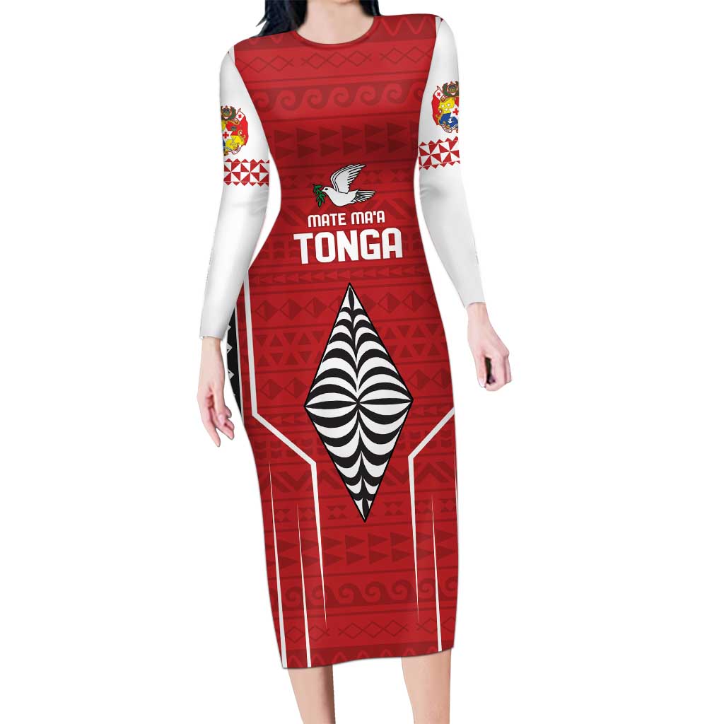 Custom Tonga Rugby Long Sleeve Bodycon Dress Mate Maa Kupesi Style LT9 Long Dress Red - Polynesian Pride