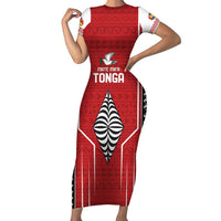 Custom Tonga Rugby Short Sleeve Bodycon Dress Mate Maa Kupesi Style LT9 Long Dress Red - Polynesian Pride