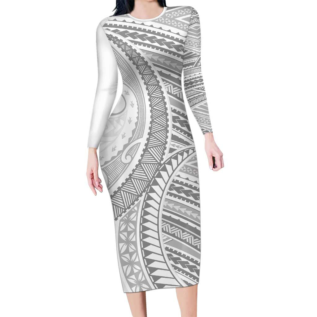 American Samoa White Sunday Long Sleeve Bodycon Dress Polynesian Lotu Tamaiti LT9 Long Dress White - Polynesian Pride