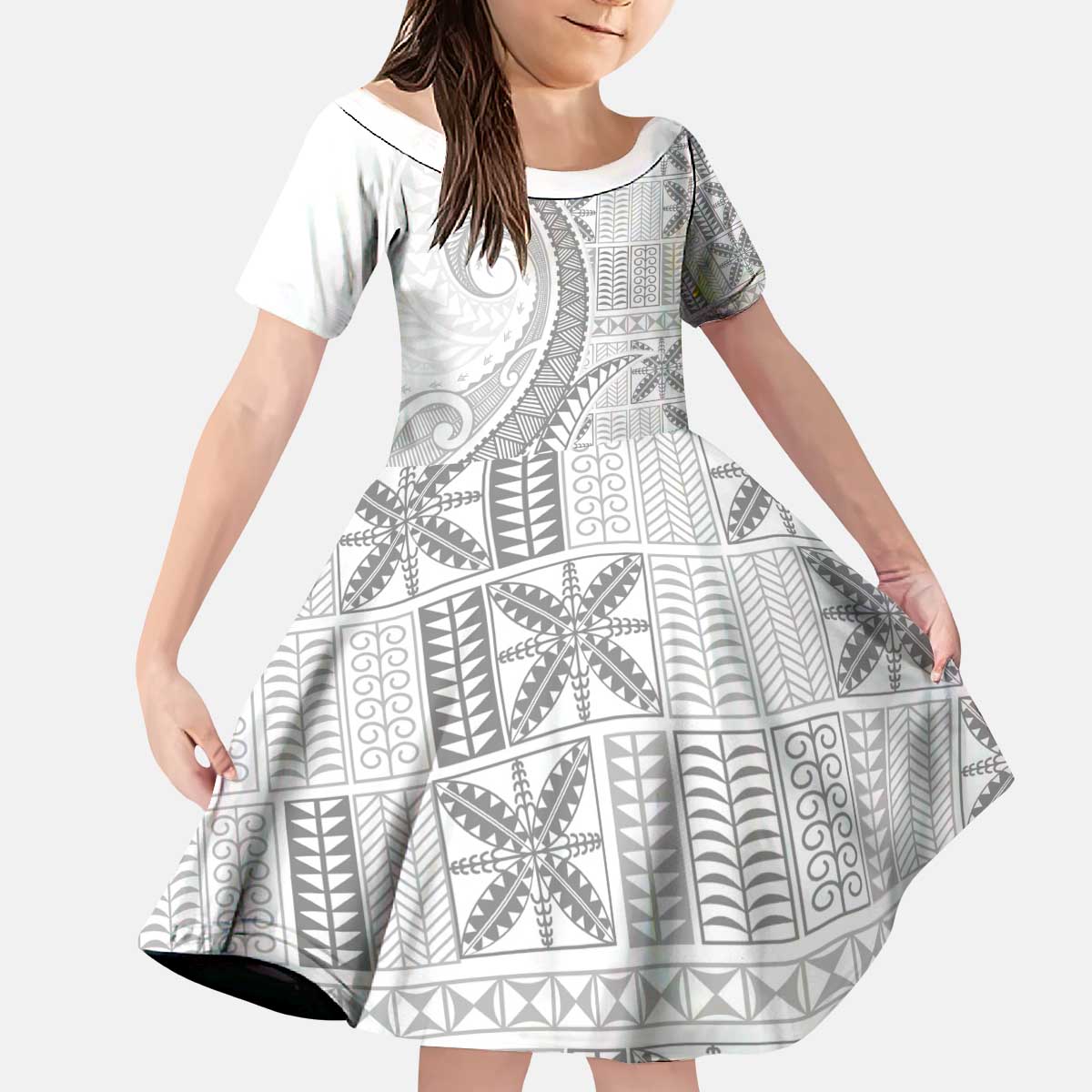 Niue White Sunday Kid Short Sleeve Dress Niuean Lotu Tamaiti Hiapo Pattern LT9 KID White - Polynesian Pride