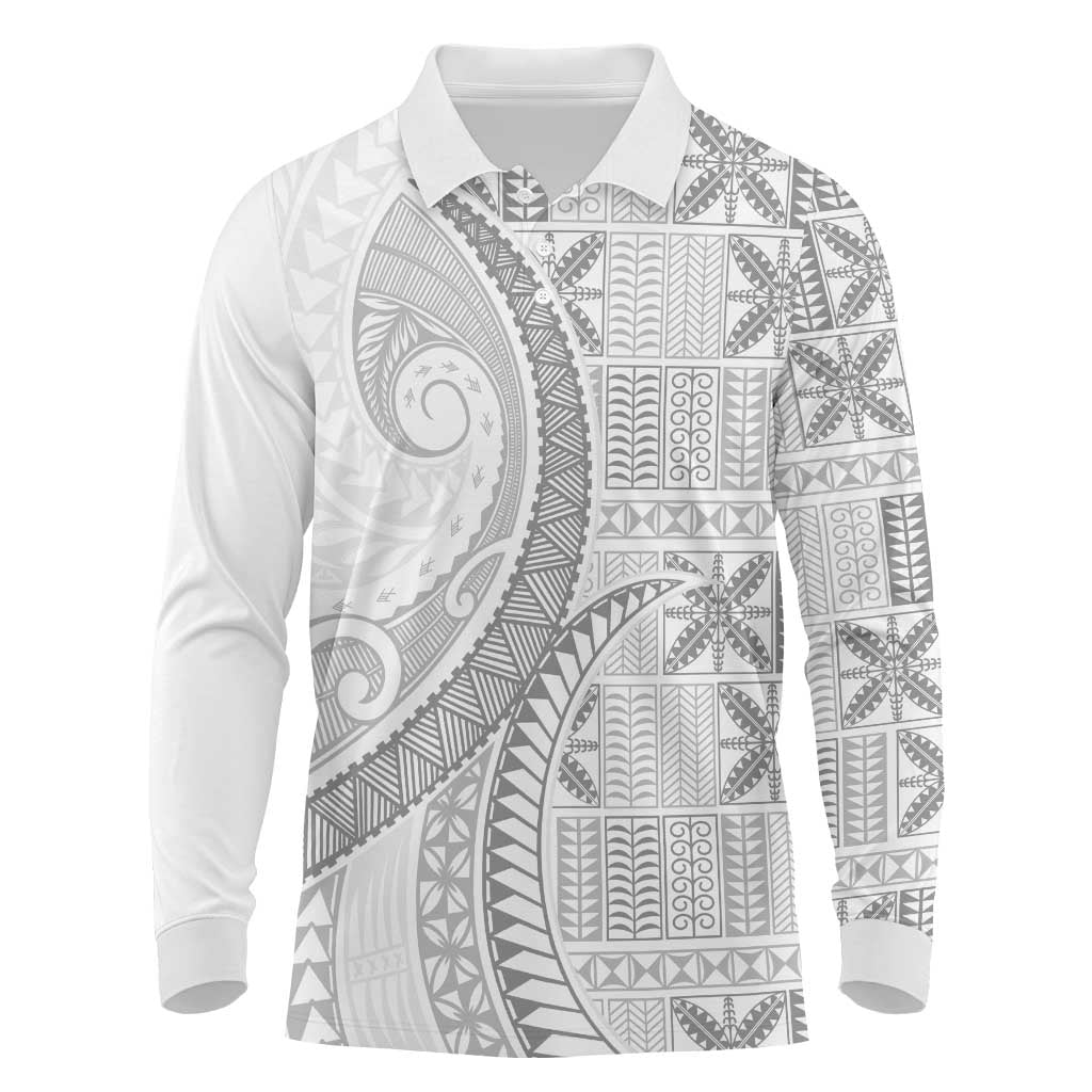Niue White Sunday Long Sleeve Polo Shirt Niuean Lotu Tamaiti Hiapo Pattern LT9 White - Polynesian Pride