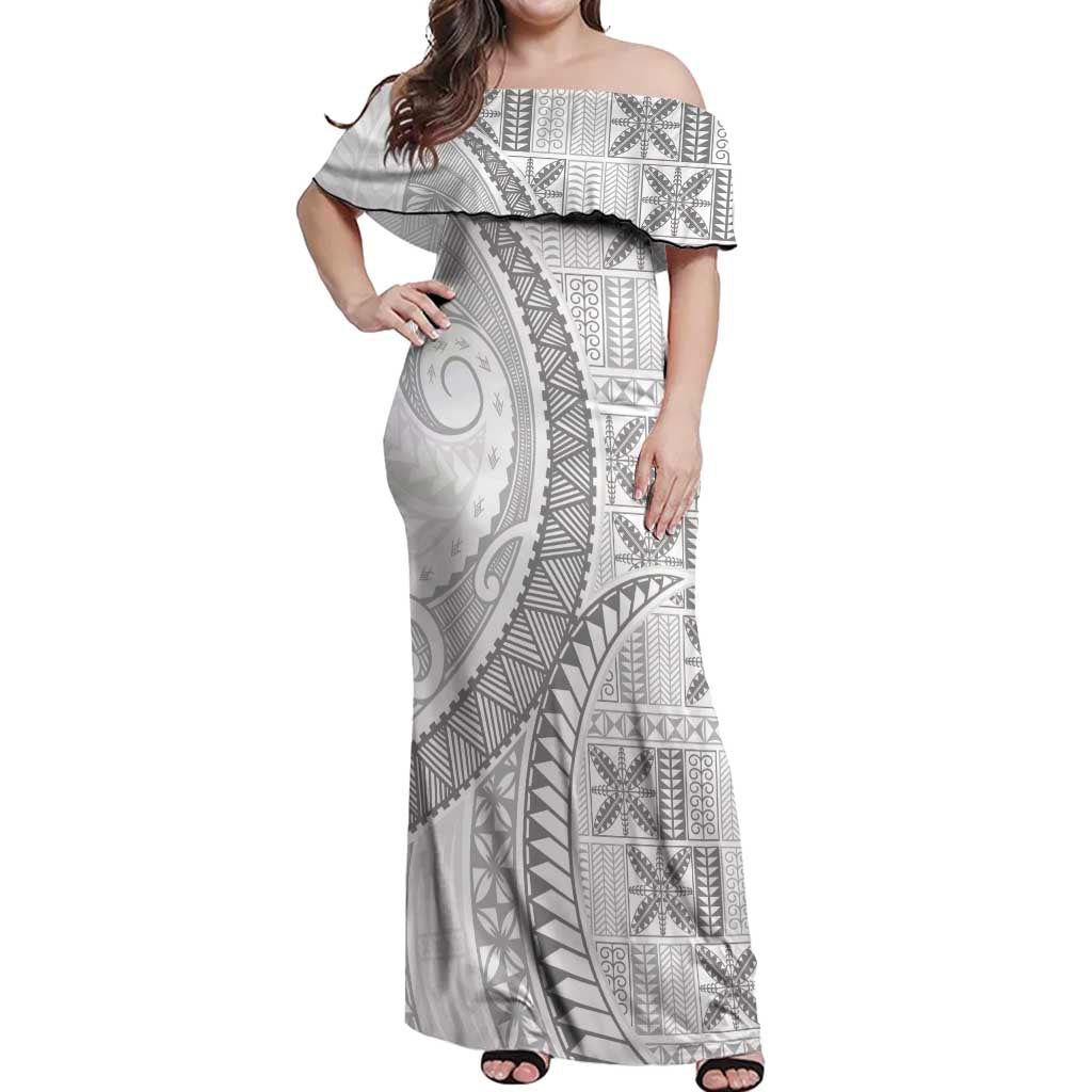 Niue White Sunday Off Shoulder Maxi Dress Niuean Lotu Tamaiti Hiapo Pattern LT9 Women White - Polynesian Pride