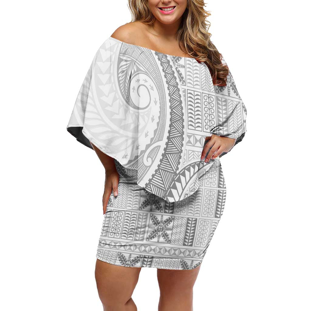 Niue White Sunday Off Shoulder Short Dress Niuean Lotu Tamaiti Hiapo Pattern LT9 Women White - Polynesian Pride