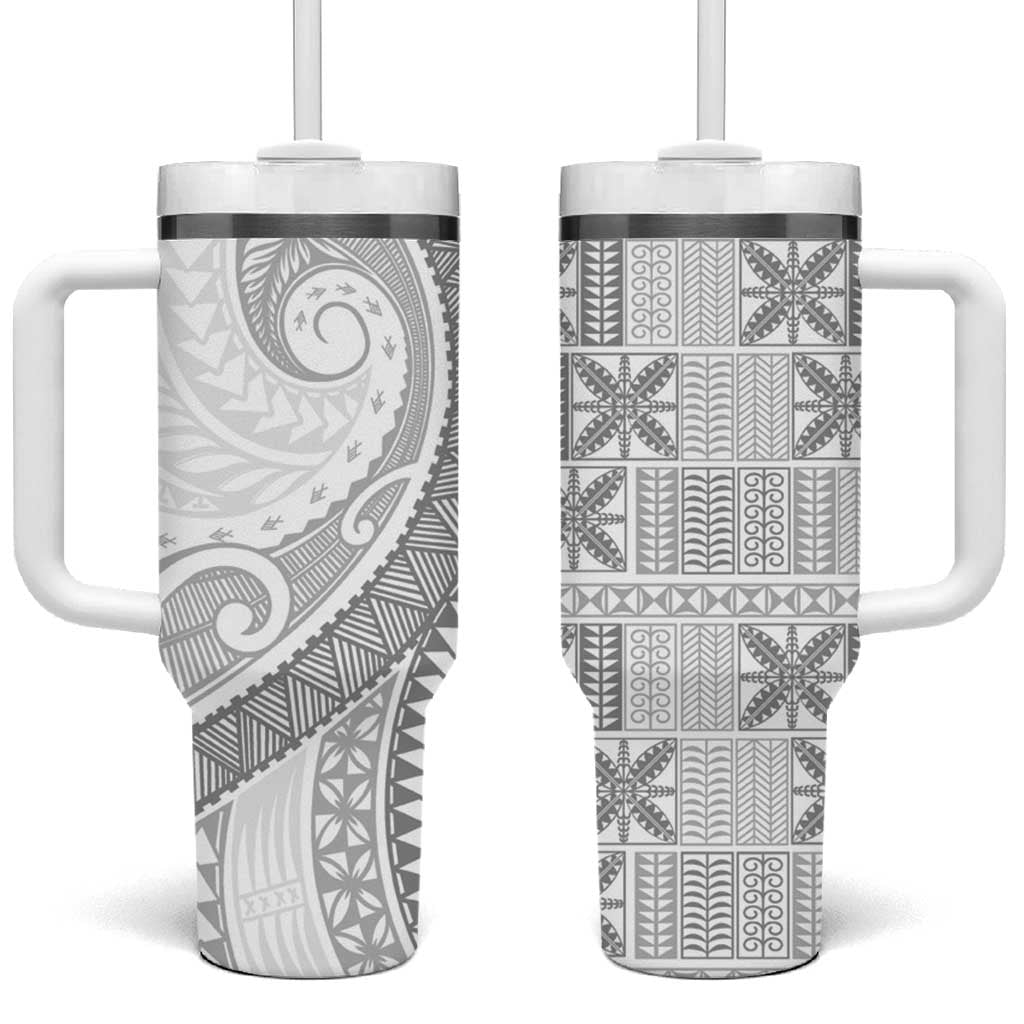 Niue White Sunday Tumbler With Handle Niuean Lotu Tamaiti Hiapo Pattern LT9 One Size: 40 oz White - Polynesian Pride