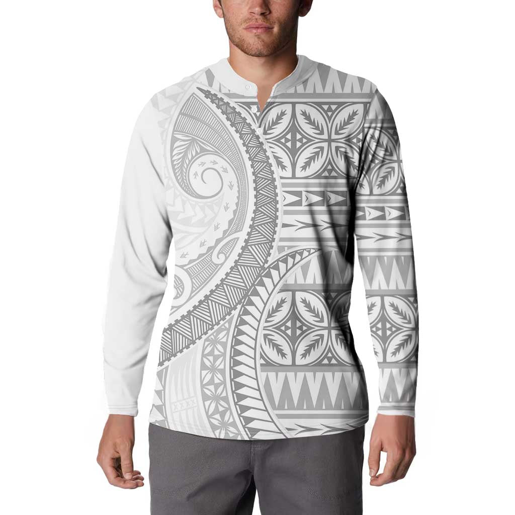 Polynesian White Sunday Button Sweatshirt Lotu Tamaiti Melanesian Pattern LT9 - Polynesian Pride