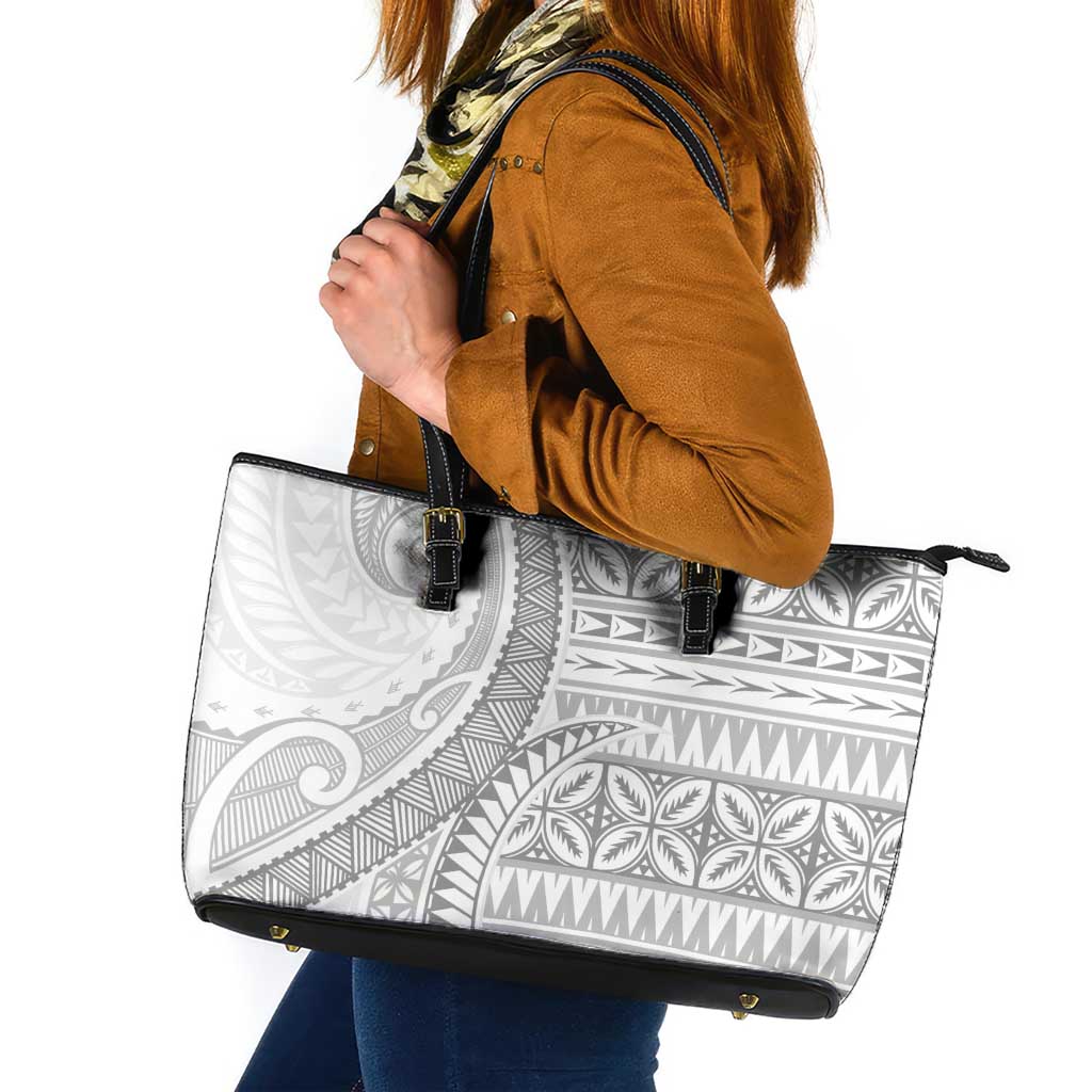 Polynesian White Sunday Leather Tote Bag Lotu Tamaiti Melanesian Pattern LT9 White - Polynesian Pride