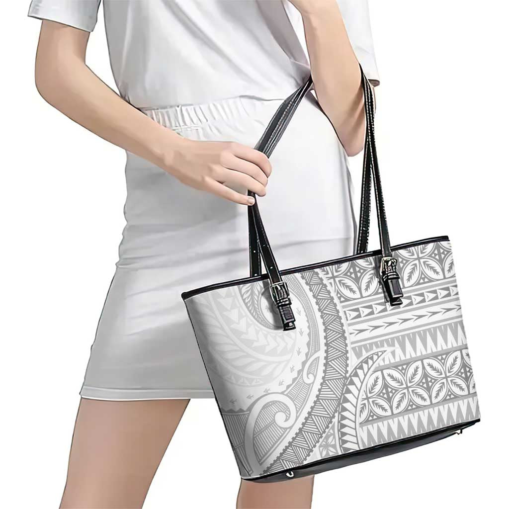 Polynesian White Sunday Leather Tote Bag Lotu Tamaiti Melanesian Pattern LT9 - Polynesian Pride