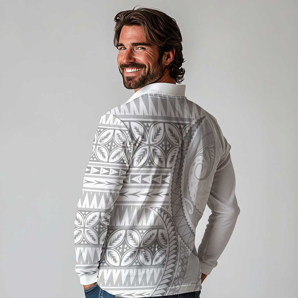Polynesian White Sunday Long Sleeve Polo Shirt Lotu Tamaiti Melanesian Pattern LT9 - Polynesian Pride