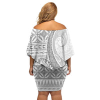 Polynesian White Sunday Off Shoulder Short Dress Lotu Tamaiti Melanesian Pattern LT9 - Polynesian Pride