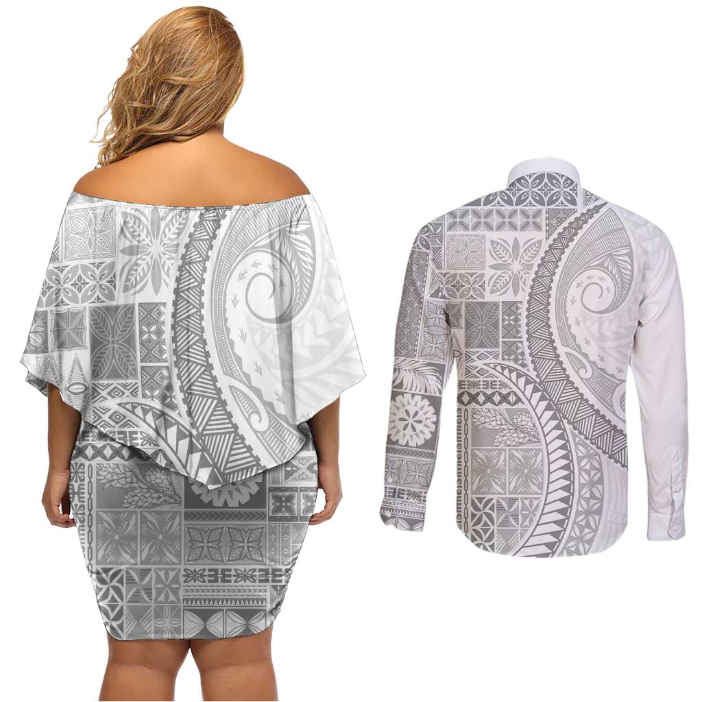 Samoa Siapo White Sunday Couples Matching Off Shoulder Short Dress and Long Sleeve Button Shirt Lotu Tamaiti Polynesian White Pattern LT9 - Polynesian Pride