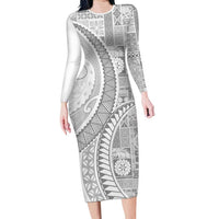 Samoa Siapo White Sunday Long Sleeve Bodycon Dress Lotu Tamaiti Polynesian White Pattern LT9 Long Dress White - Polynesian Pride