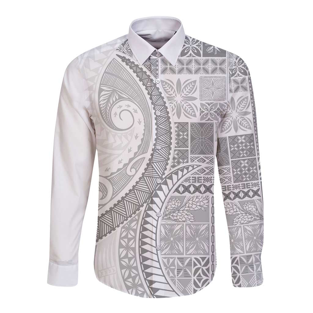 Samoa Siapo White Sunday Long Sleeve Button Shirt Lotu Tamaiti Polynesian White Pattern LT9 Unisex White - Polynesian Pride
