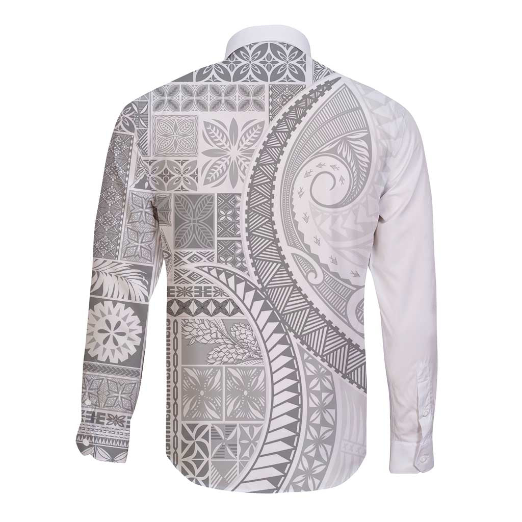 Samoa Siapo White Sunday Long Sleeve Button Shirt Lotu Tamaiti Polynesian White Pattern LT9 - Polynesian Pride