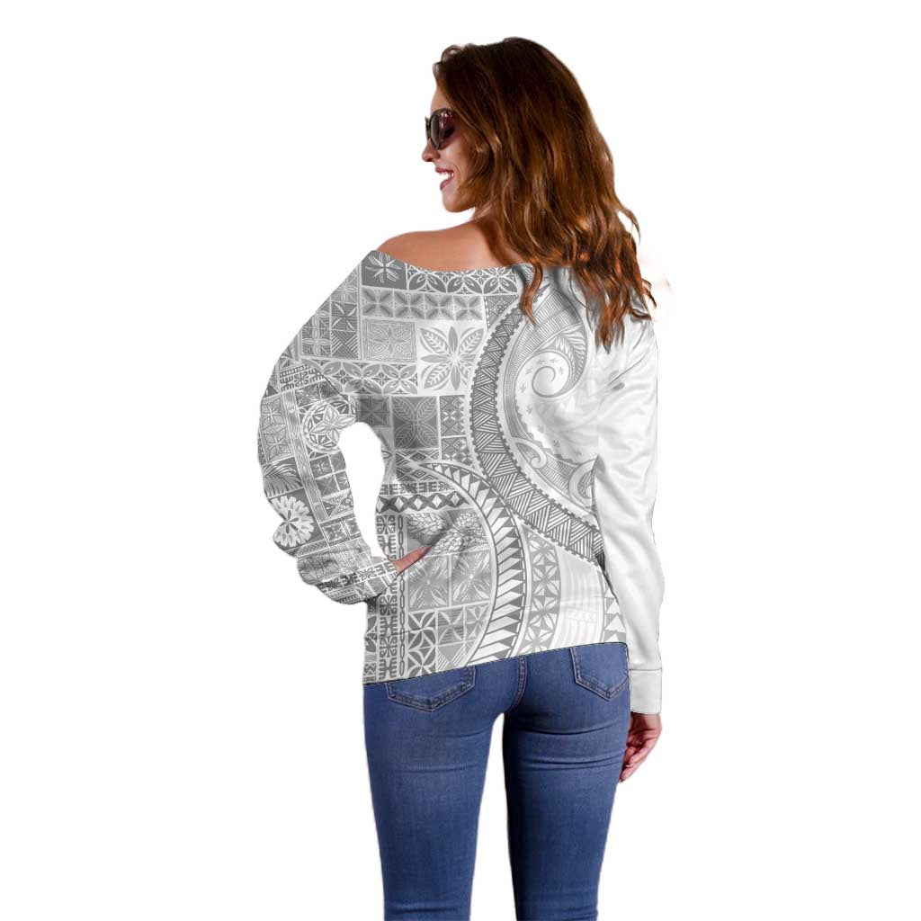 Samoa Siapo White Sunday Off Shoulder Sweater Lotu Tamaiti Polynesian White Pattern LT9 - Polynesian Pride