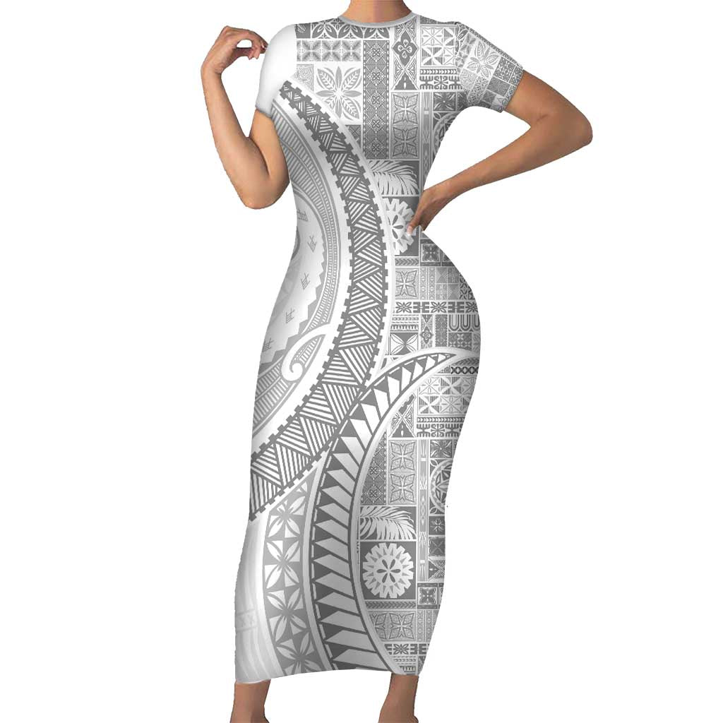 Samoa Siapo White Sunday Short Sleeve Bodycon Dress Lotu Tamaiti Polynesian White Pattern LT9 Long Dress White - Polynesian Pride