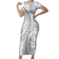 Samoa Siapo White Sunday Short Sleeve Bodycon Dress Lotu Tamaiti Polynesian White Pattern LT9 Long Dress White - Polynesian Pride