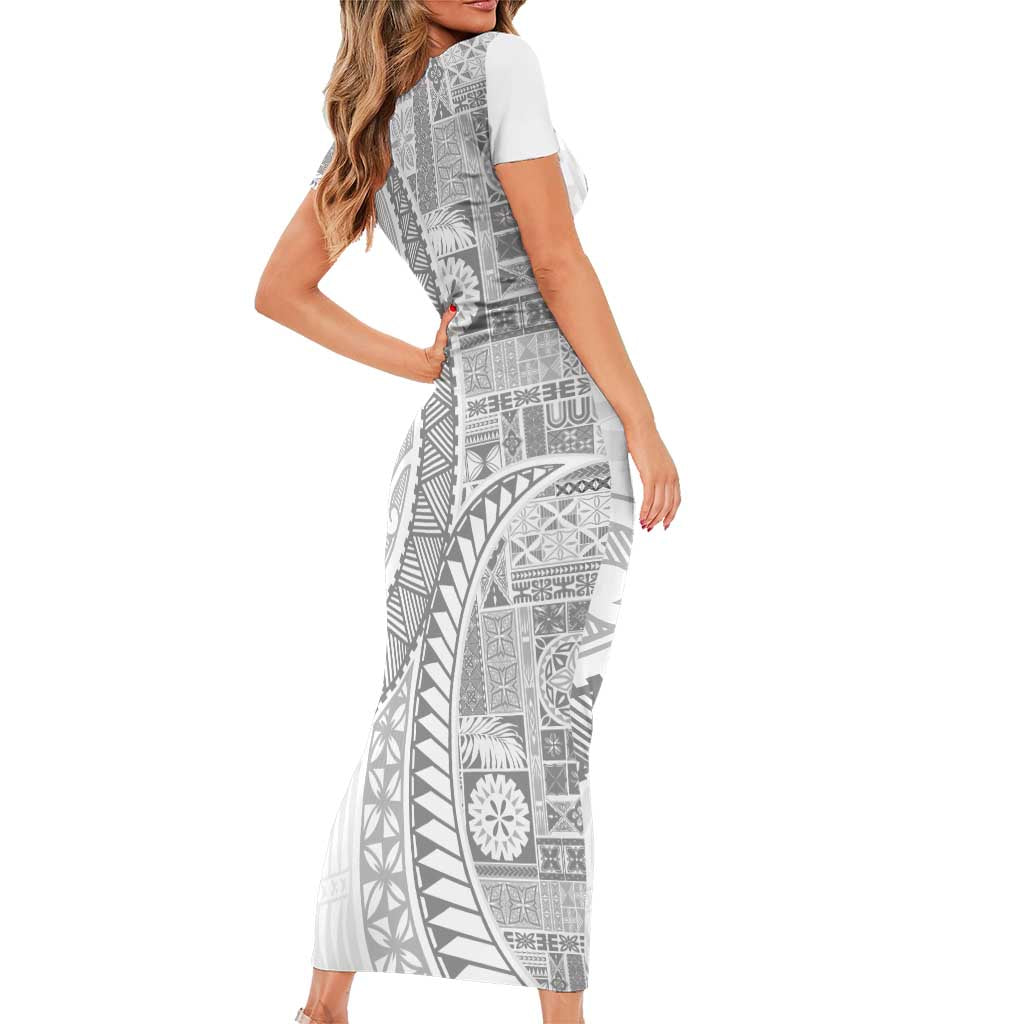 Samoa Siapo White Sunday Short Sleeve Bodycon Dress Lotu Tamaiti Polynesian White Pattern LT9 - Polynesian Pride
