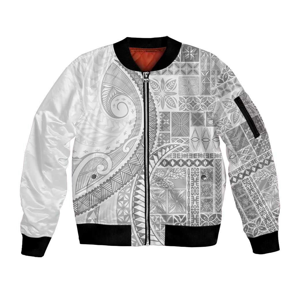 Samoa Siapo White Sunday Sleeve Zip Bomber Jacket Lotu Tamaiti Polynesian White Pattern LT9 Unisex White - Polynesian Pride