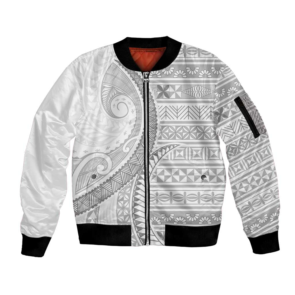 Tokelau White Sunday Sleeve Zip Bomber Jacket Lotu Tamaiti Ngatu Tokelau Feletoa Manulua LT9 Unisex White - Polynesian Pride