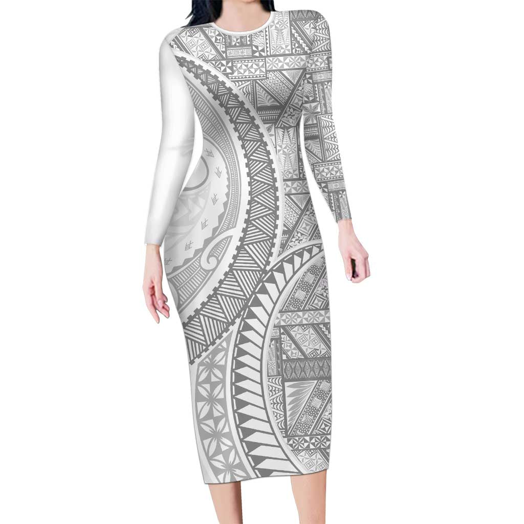 Tonga White Sunday Long Sleeve Bodycon Dress Lotu Tamaiti Ngatu Tribal LT9 Long Dress White - Polynesian Pride