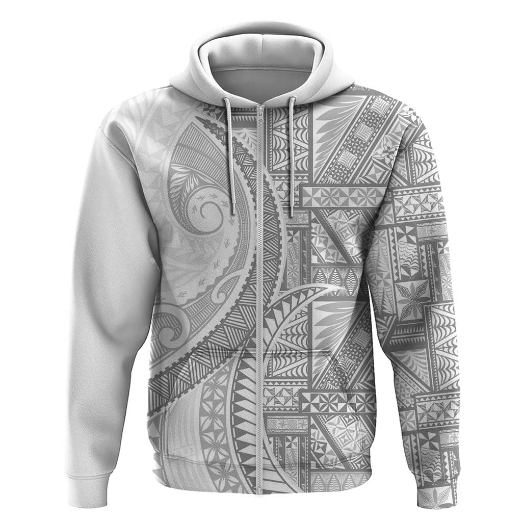 Tonga White Sunday Zip Hoodie Lotu Tamaiti Ngatu Tribal LT9 Zip Hoodie White - Polynesian Pride