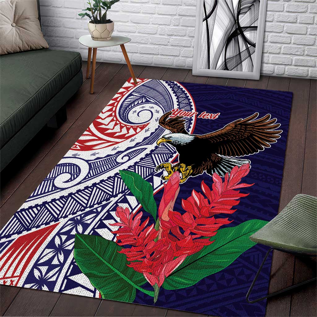 American Samoa Bald Eagle Personalized Area Rug Polynesian Teuila Flowers LT9 Blue - Polynesian Pride