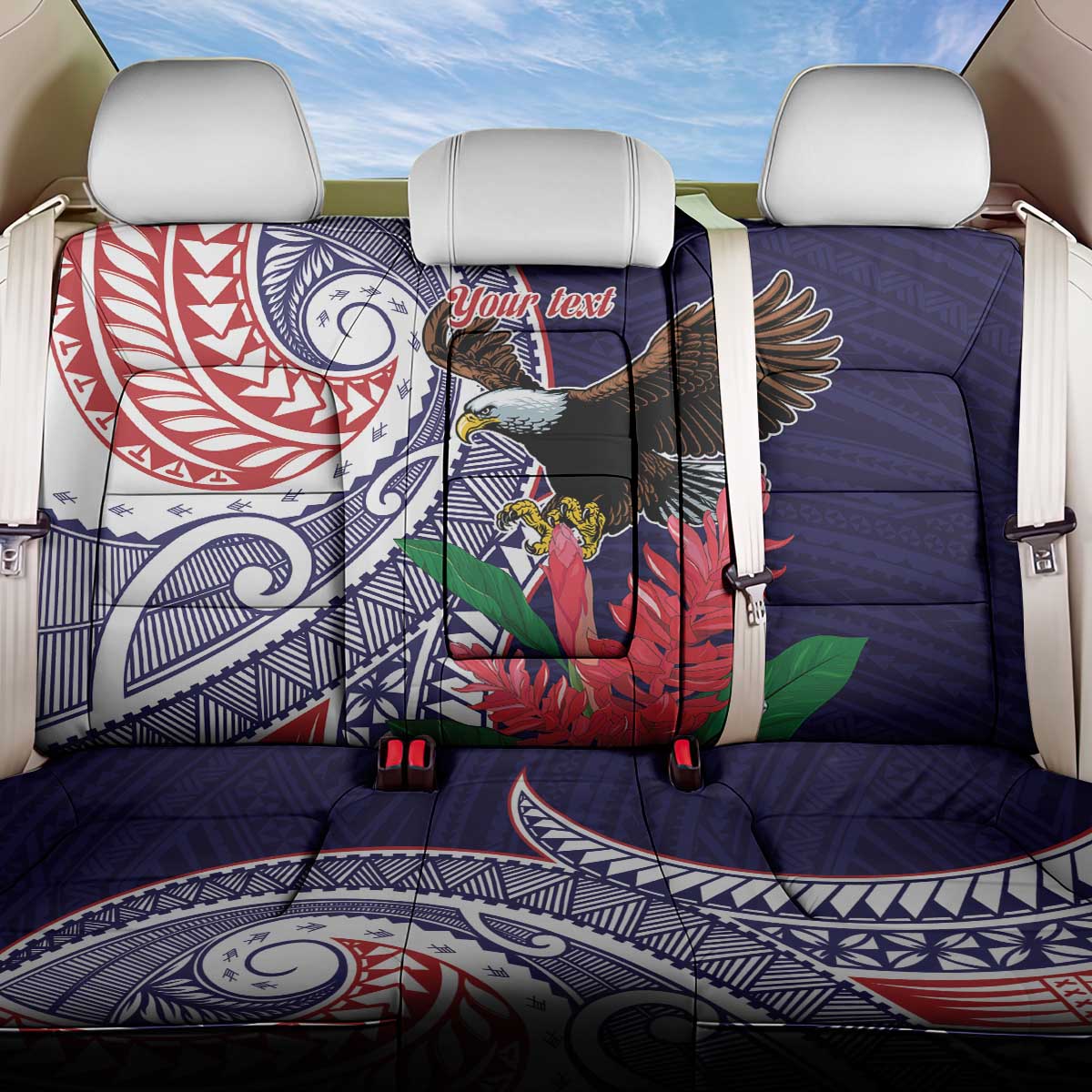 American Samoa Bald Eagle Personalized Back Car Seat Cover Polynesian Teuila Flowers LT9 One Size Blue - Polynesian Pride