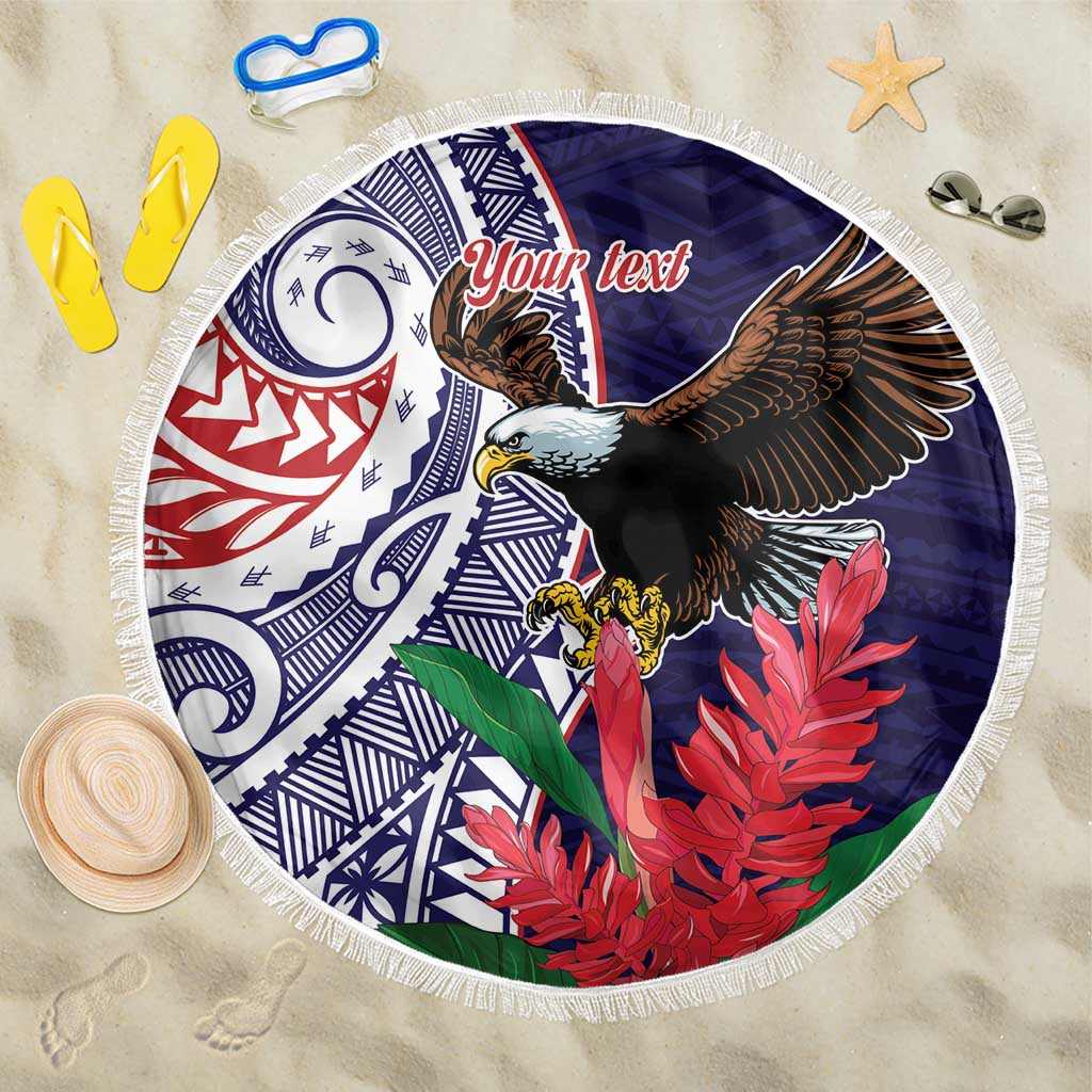 American Samoa Bald Eagle Personalized Beach Blanket Polynesian Teuila Flowers LT9 One Size 150cm Blue - Polynesian Pride