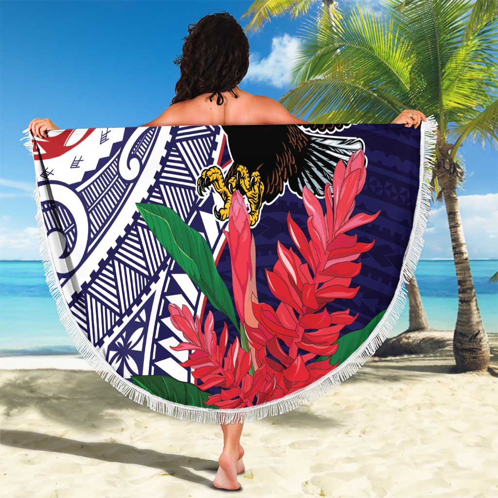 American Samoa Bald Eagle Personalized Beach Blanket Polynesian Teuila Flowers LT9 - Polynesian Pride