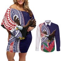 American Samoa Bald Eagle Personalized Couples Matching Off Shoulder Short Dress and Long Sleeve Button Shirt Polynesian Teuila Flowers LT9 Blue - Polynesian Pride