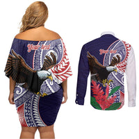 American Samoa Bald Eagle Personalized Couples Matching Off Shoulder Short Dress and Long Sleeve Button Shirt Polynesian Teuila Flowers LT9 - Polynesian Pride