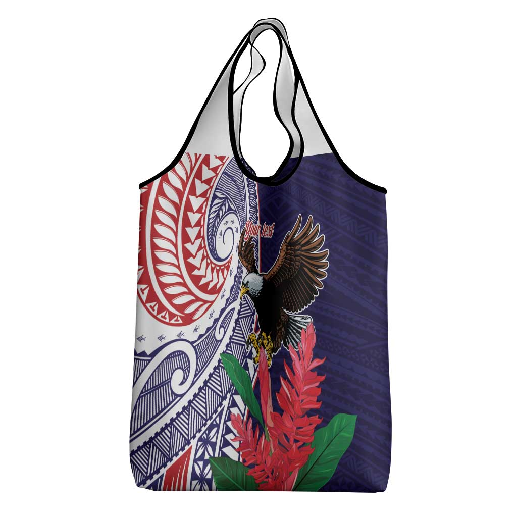 American Samoa Bald Eagle Personalized Grocery Bag Polynesian Teuila Flowers LT9 - Polynesian Pride