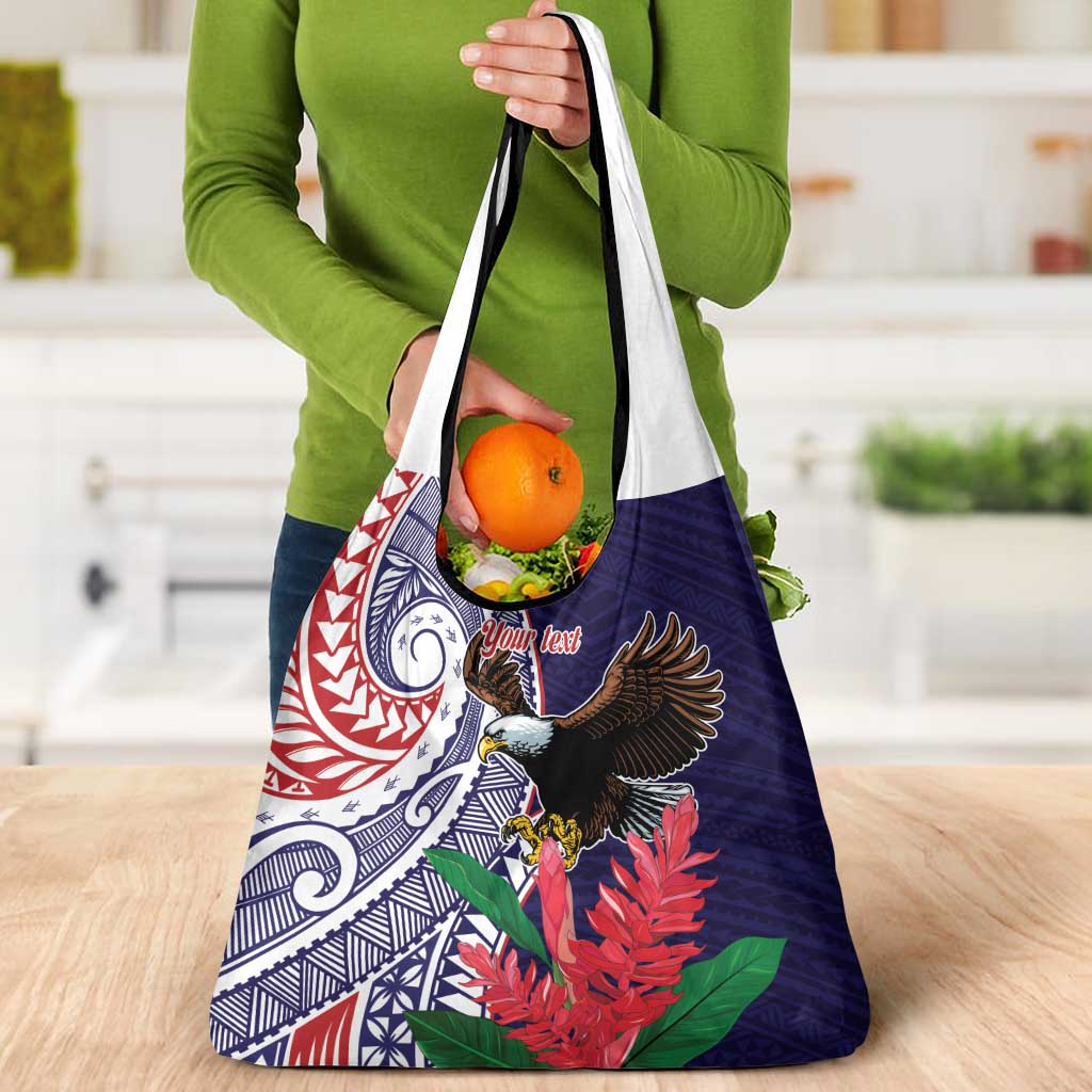American Samoa Bald Eagle Personalized Grocery Bag Polynesian Teuila Flowers LT9 - Polynesian Pride