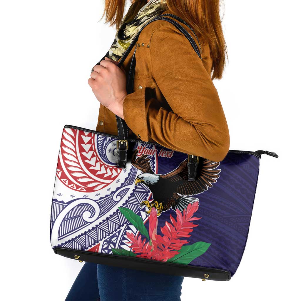 American Samoa Bald Eagle Personalized Leather Tote Bag Polynesian Teuila Flowers LT9 Blue - Polynesian Pride