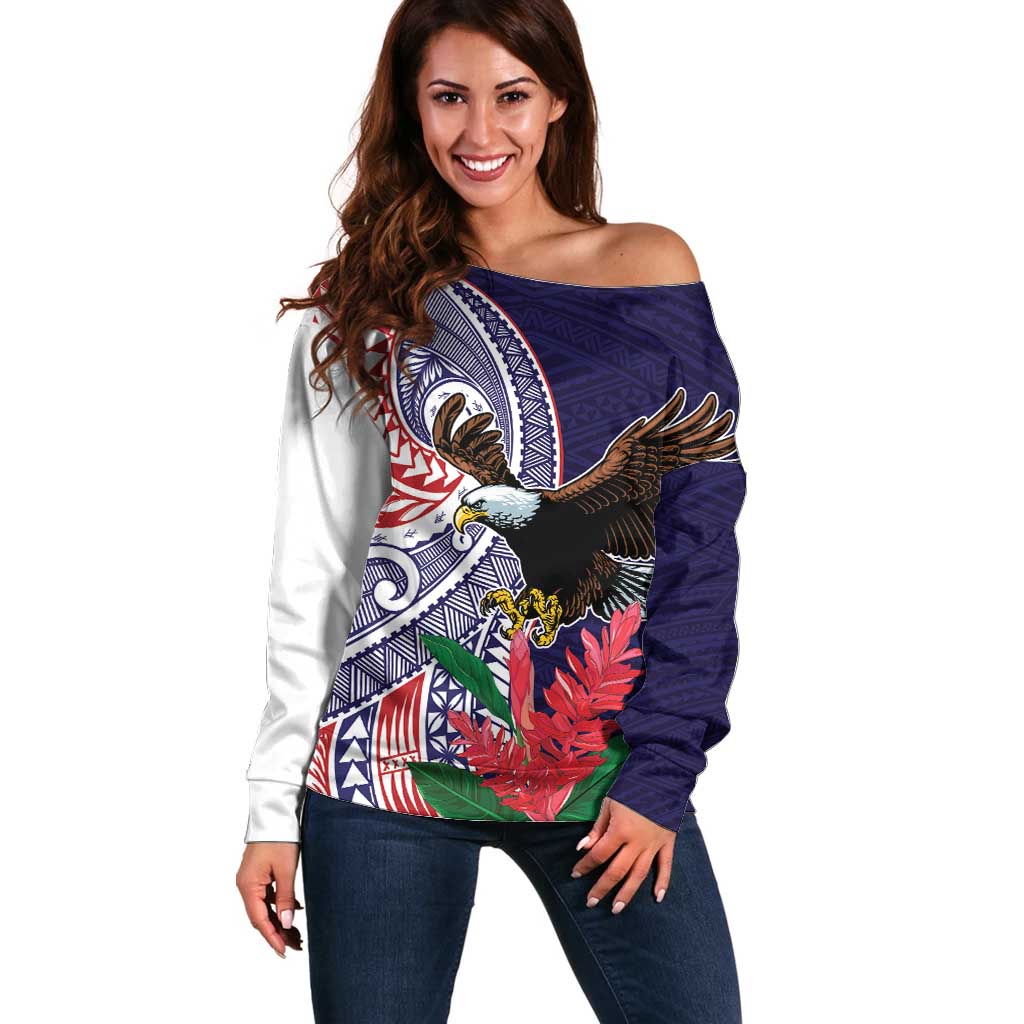 American Samoa Bald Eagle Personalized Off Shoulder Sweater Polynesian Teuila Flowers LT9 Women Blue - Polynesian Pride