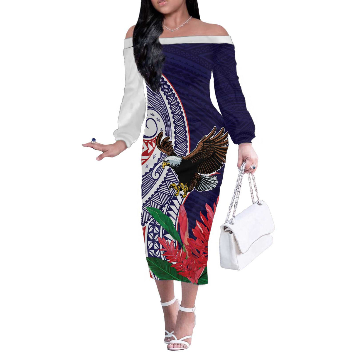 American Samoa Bald Eagle Personalized Off The Shoulder Long Sleeve Dress Polynesian Teuila Flowers LT9 Women Blue - Polynesian Pride